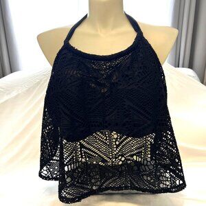 Black Crochet Halter Bikini Top Padded Cups Swim By Cacique Bra Size 44DD